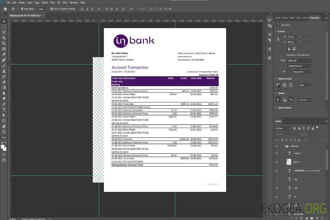 Relevé bancaire d'Estonie Inbank modèle facile à remplir au format Excel et PDF template
